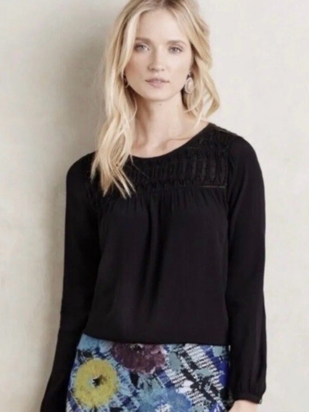 Anthropologie Meadow Rue Black Vivie Blouse Smocked Yoke Small